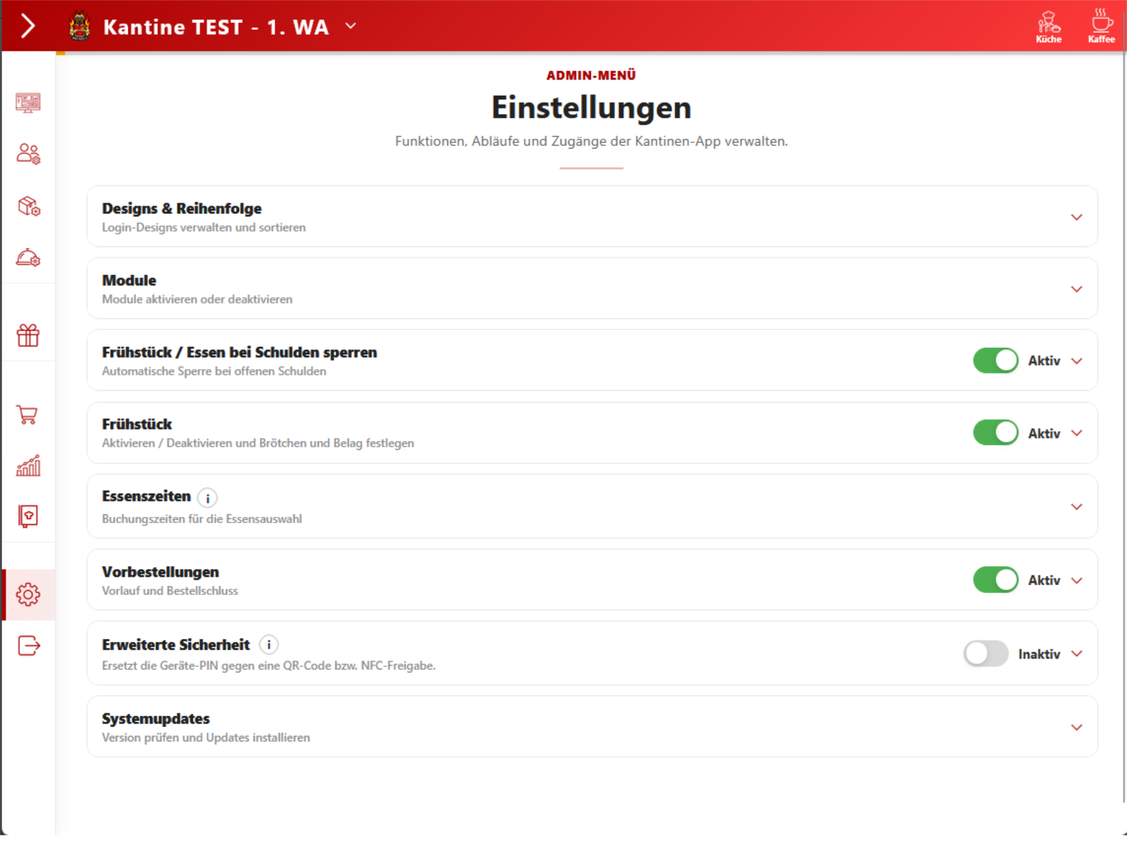 Screenshot des Admin-Bereichs der KantinenApp in der Tablet-Ansicht