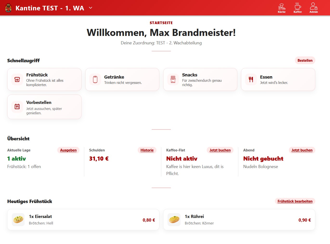 Screenshot der KantinenApp-Startseite in der Tablet-Ansicht