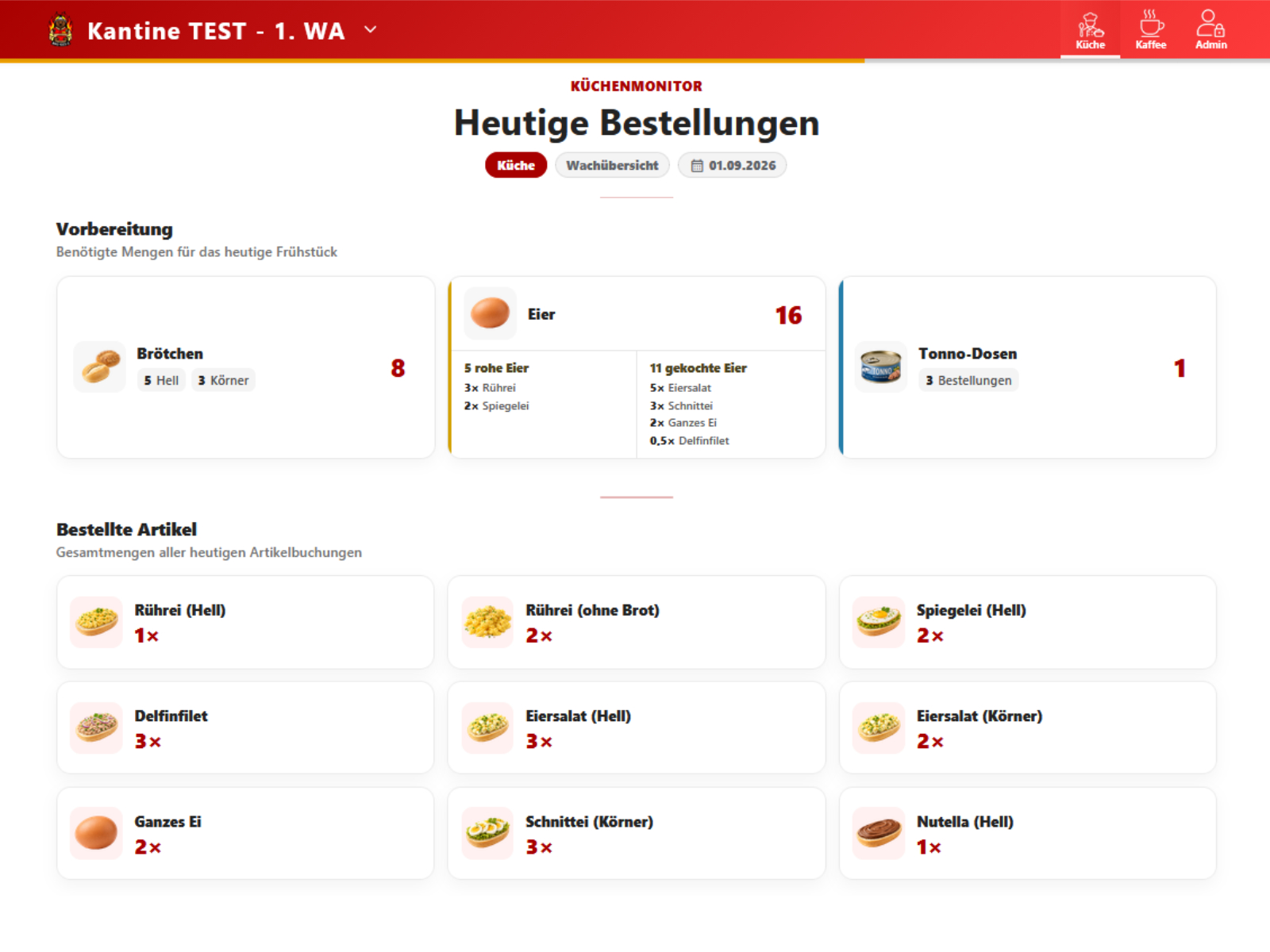 Screenshot der Küchenansicht in der KantinenApp in der Tablet-Ansicht