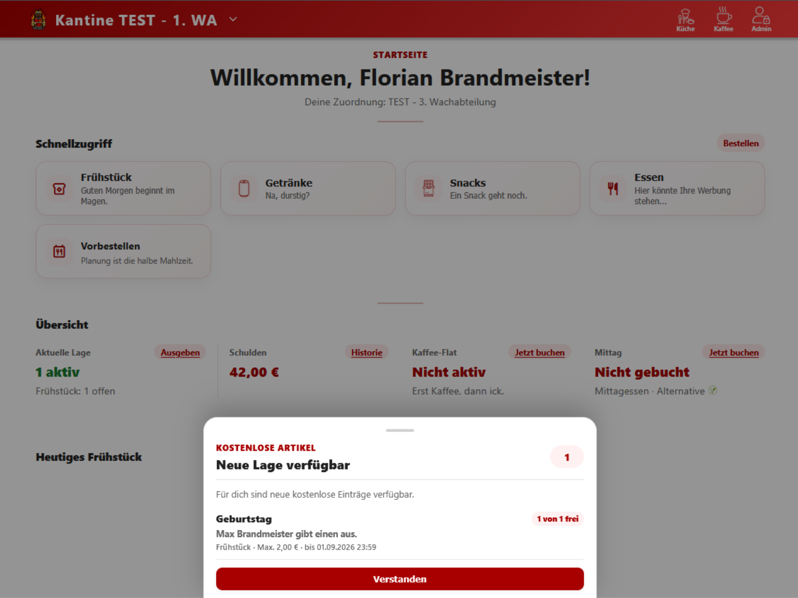Screenshot der ausgegebenen Runden in der KantinenApp in der Tablet-Ansicht