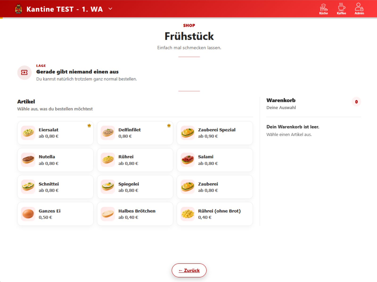 Screenshot des Shops der KantinenApp in der Tablet-Ansicht