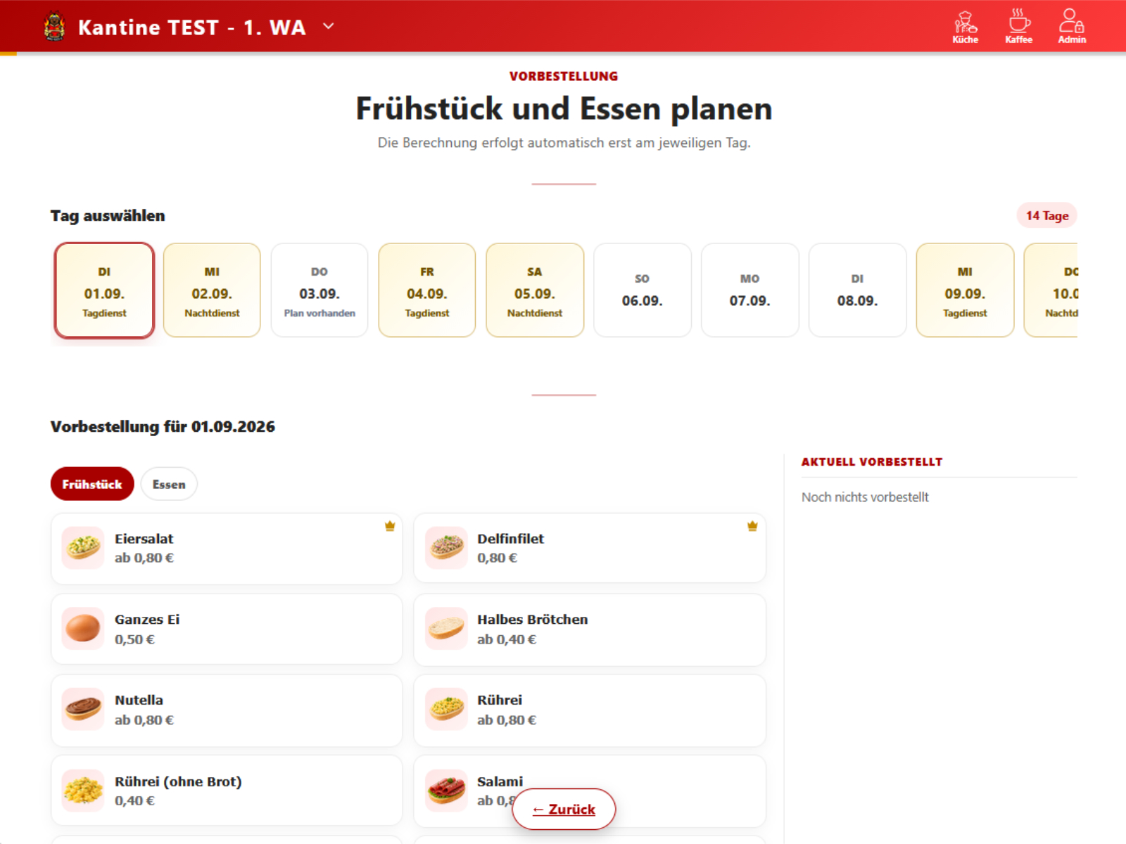 Screenshot der Vorbestellungen in der KantinenApp in der Tablet-Ansicht